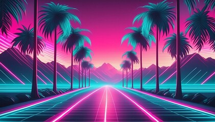 Fototapeta premium Neon pink and teal 80s retro design with tropical palm leaves. Concept 80s Retro Design, Neon Pink, Teal, Tropical Palm Leaves