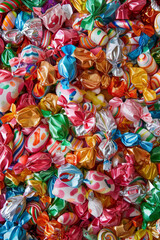 An abundant assortment of wrapped candies, densely arranged to fill the entire frame. The candies come in bright, shiny wrappers with a variety of colors and patterns