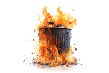 Fiery Fury: Trash Can Blaze on White or PNG Transparent Background.