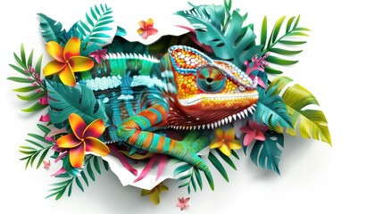 Illustration of bold colors chameleon, peeking out from hole surrounded with tropical exotic leaves, lizard in jungle plants in paper cut style, AI generated image