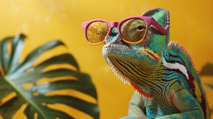 Banner with funny chameleon wearing sunglasses and tropical leaves, exotic bold colors lizard, promo background with copy space, AI generated image