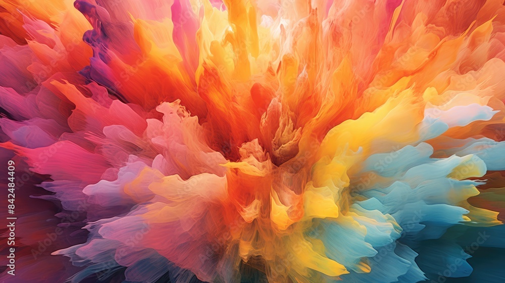 Poster explosive color burst in orange and blue. horizontal image of exploding motion of multicolored powde