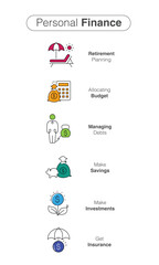 Personal Finance Infogrpahics. Budgeting Basics: Your Guide to Taking Control of Your Finances. Vector Editable Stroke.