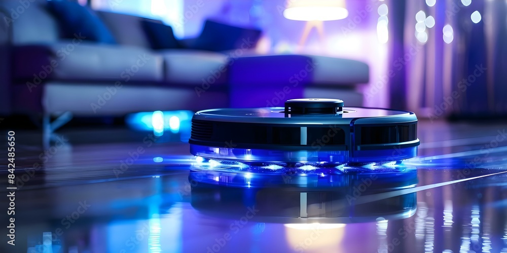 Poster robot vacuum cleaner with ai technology automates room cleaning process efficiently. concept ai tech