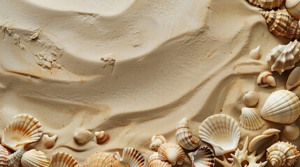 A sandy background adorned with sea shells providing ample room for a copy space image