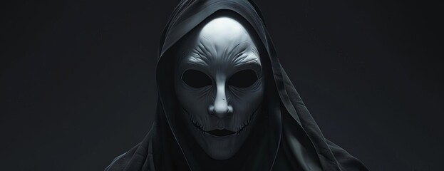 Long shot, obscured person in dark apparel, presenting a white facial mask with a spooky expression, Halloween mood, black backdrop, cinematic lighting, CG 3D rendering