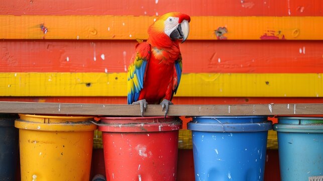 Bright parrot amidst a variety of plastic containers, neatly organized by size and color, showcasing vibrant harmony and order