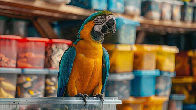Bright parrot amidst a variety of plastic containers, neatly organized by size and color, showcasing vibrant harmony and order