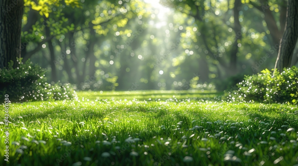 Poster background image of sunlight filtering through trees in a lush forest. soft light nature photography
