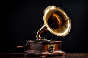 A vintage gramophone with a large brass horn set against a black background, its intricate details and nostalgic charm glowing softly, evoking memories of bygone eras and the timeless beauty of music.