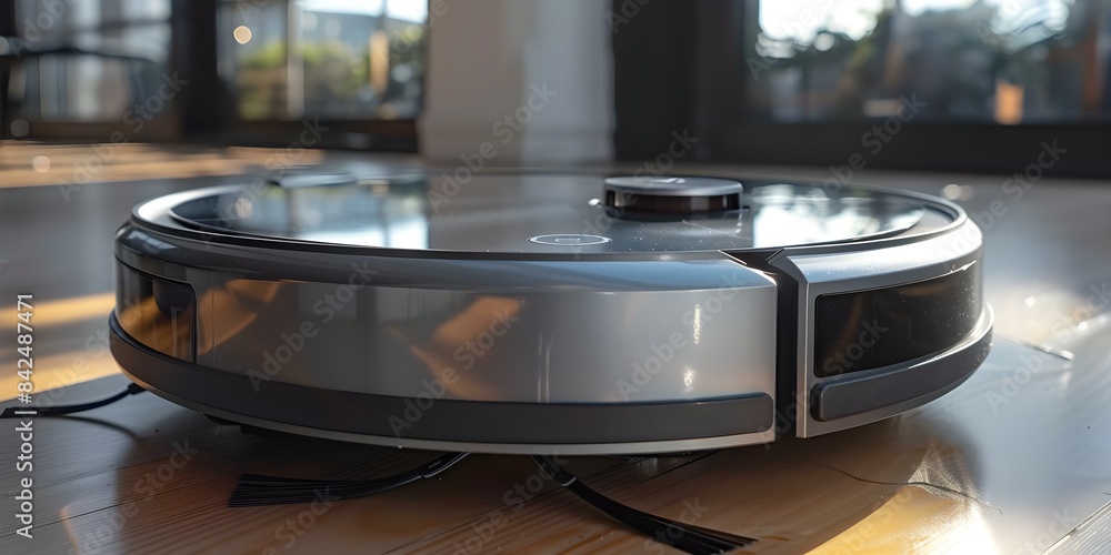 Poster futuristic silver robot vacuum with intelligent mapping navigation and efficient cleaning capabiliti