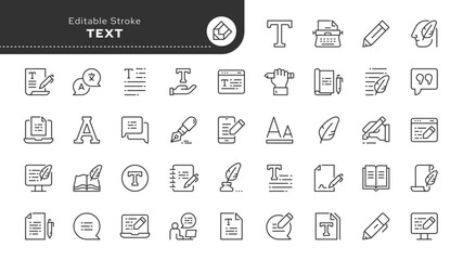 Text and writing - series. Read, words, copywriting, book, autor and writer. Set of line icons in linear style. Outline icon collection. Conceptual web pictogram.	