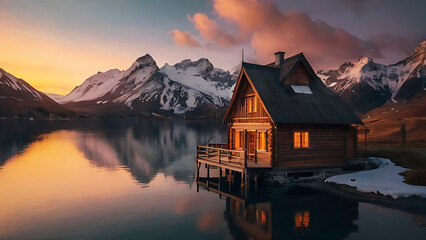 Fototapeta premium Wooden house on the side of beautiful lake and rocky mountain range.