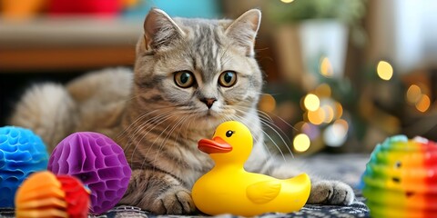 Portrait of a cute gray British cat with a yellow rubber duck. Concept Pets, British Shorthair, Gray Cats, Yellow Rubber Duck, Portrait Photography