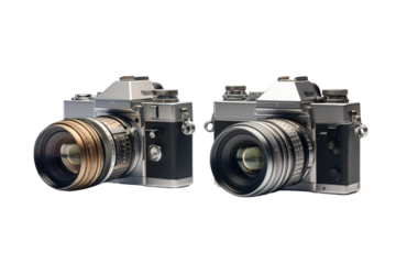 Vintage Memories: Two Classic Cameras in Harmony on White or PNG Transparent Background.