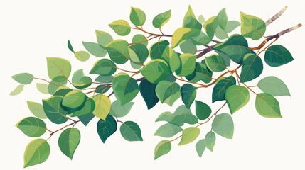 A vibrant illustration of a brown birch branch adorned with lush green leaves set against a clean white background