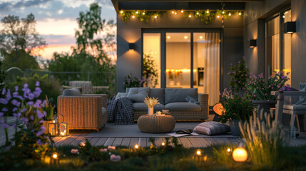 Relaxing on a beautiful suburban patio, aglow with evening lights