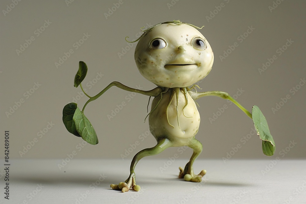 Poster featuring minimalist studio lighting, a humanoid bean sprout with quirky facial features emerges fro