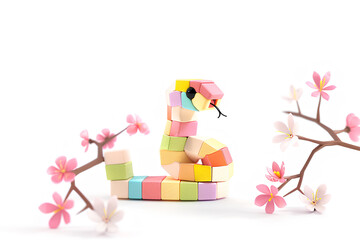 パステルカラーのヘビくんと梅の花-1