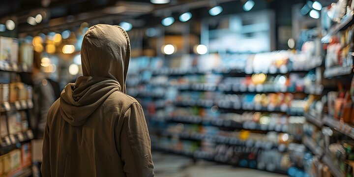 Person in hoodie in store representing retail security and loss prevention measures. Concept Retail Security, Loss Prevention, Store Surveillance, Shoplifting Prevention