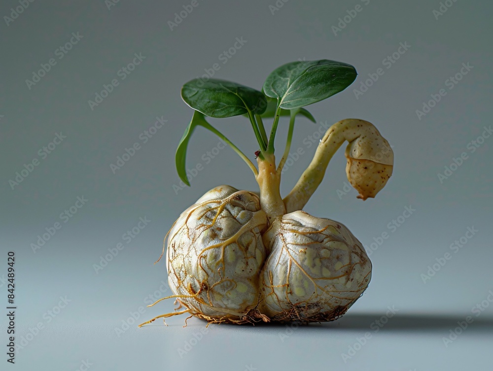 Poster a detailed view of a humanoid bean sprout emerging from the skin, highlighted by minimalist lighting