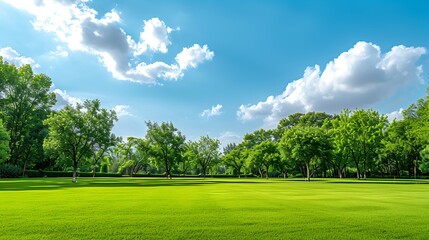 Obraz premium Vibrant spring nature backdrop with a pristine, neatly trimmed lawn and lush trees under a clear blue sky adorned with soft clouds on a sunny day