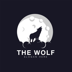 silhouette illustration of Howling Wolf with Moon logo design