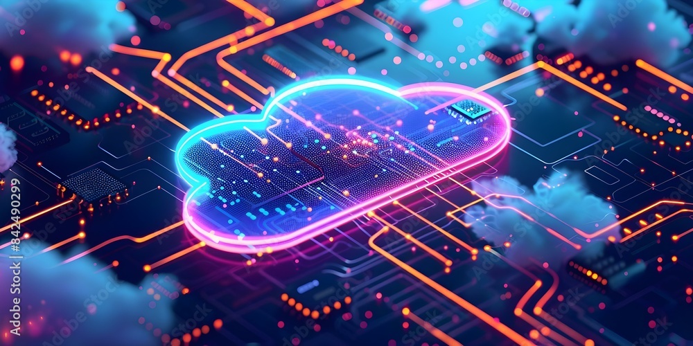 Poster modern cloud technologies in neon colors isometric network devices in cyber space. concept cloud tec
