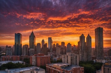 Fototapeta premium Stunning Urban Skyline at Sunset with Vibrant Orange and Purple Sky