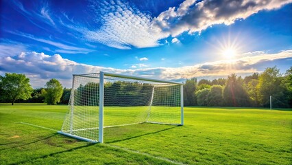 Soccer goal on green grass field on a sunny day outdoors, soccer, goal, field, grass, sunny, day, outdoors, sports, game, match, competition, net, ball, equipment, sports equipment, players