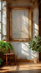 Sunlight Streaming Through Window Illuminates Room With Ornate Frame and Plants.