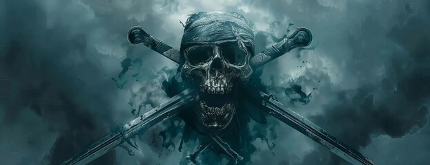Low-angle view of a fierce pirate skull with crossed cutlasses, dark, stormy clouds in the backdrop, watercolor style, moodily lit, intensely vivid detailing