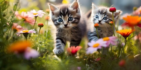 Kittens frolicking among flowers chasing butterflies in a charming garden scene. Concept Kittens, Flowers, Butterflies, Garden Scene, Frolicking