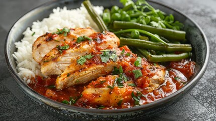Delicious chicken in savory tomato sauce, with rice and green beans, studio shot, isolated background, style raw