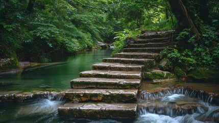 Obraz premium Concrete steps descending into a serene river, water gently cascading over each step, surrounded by lush greenery