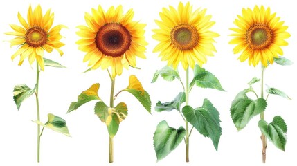 Sunflower Collection with Leaves on White Background Summer Garden Blooms Creative Layout Design Element