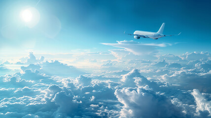 Fototapeta premium A white airplane is flying through a cloudy sky