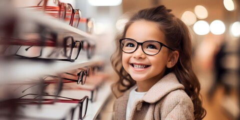 Girl trying on glasses with blurred mother in optical store copy space. Concept Optical store, Mother and daughter, Trying on glasses, Eyewear shopping, Family bonding