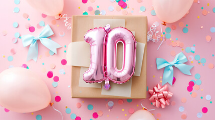 The tenth birthday is a special day, so a gift in an elegant box with a balloon in the shape of the number 10, colorful confetti and bows on a delicate background of pastel colors