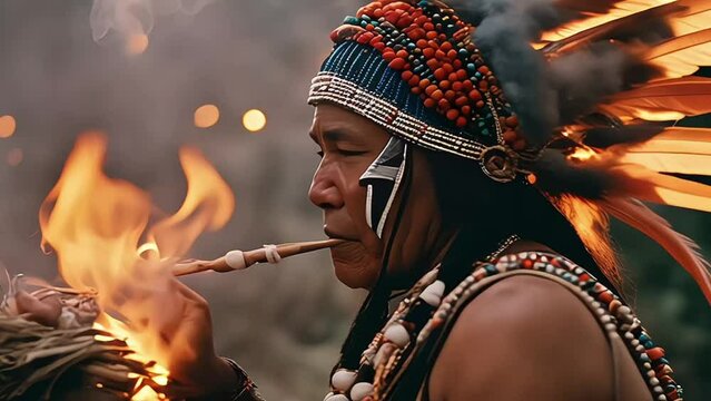 a shaman traditional healer preparing for an ayahuasca ceremony in the Amazon rainforest. A hallucinogenic, healing, spiritual and, religious ritual