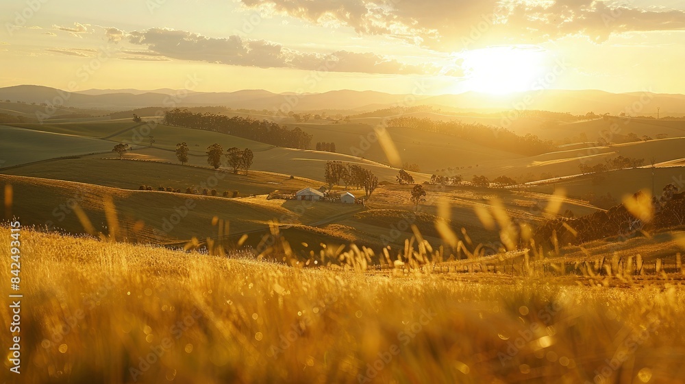 Wall mural Idyllic Countryside Landscape. Beautiful rural views and farm feel. Beautiful and green rural background.