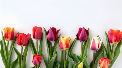 Obraz premium Beautiful composition of spring flowers and leaves on white background with copy space