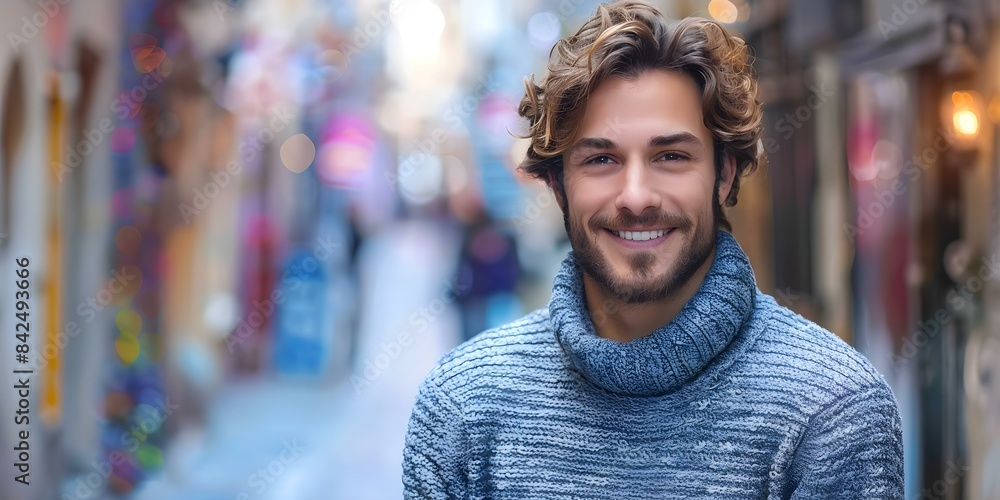 Aufkleber man in knitted sweater standing on deserted street ideal for adding text or creating designs. concep