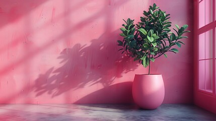 Fototapeta premium Minimalist Greenery: Potted Plant Against a Pink Wall.