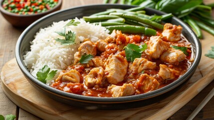 Fototapeta premium Appetizing chicken with tomato sauce, fluffy rice, and fresh green beans, isolated background, studio lighting, style raw