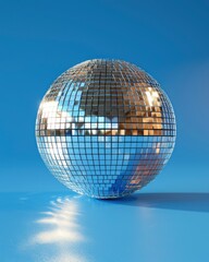 disco ball  on blue background with light. night life, party, holiday concept.