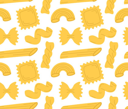 Seamless pattern with different pasta types. Vector cartoon background in flat style.	