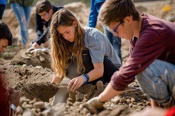 Teenagers engaging in an archaeology dig, uncovering artifacts in a field