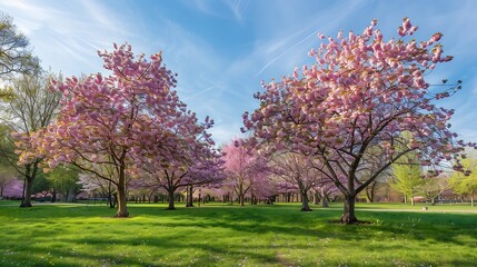 Naklejka premium Cherry tree blossom explosion in Hurd Park Dover New Jersey Same trees with green summer foliage can be found by searching for photo ID 707340079 : Generative AI