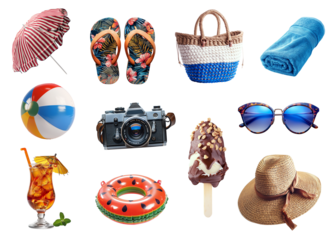 Set of summer accessories isolated on transparent background. Generative AI